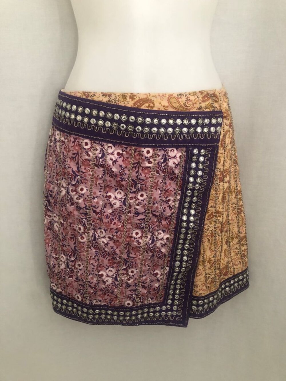 Zara Bali Mini Skirt NWT Beaded Mirrors Short Faux Wrap